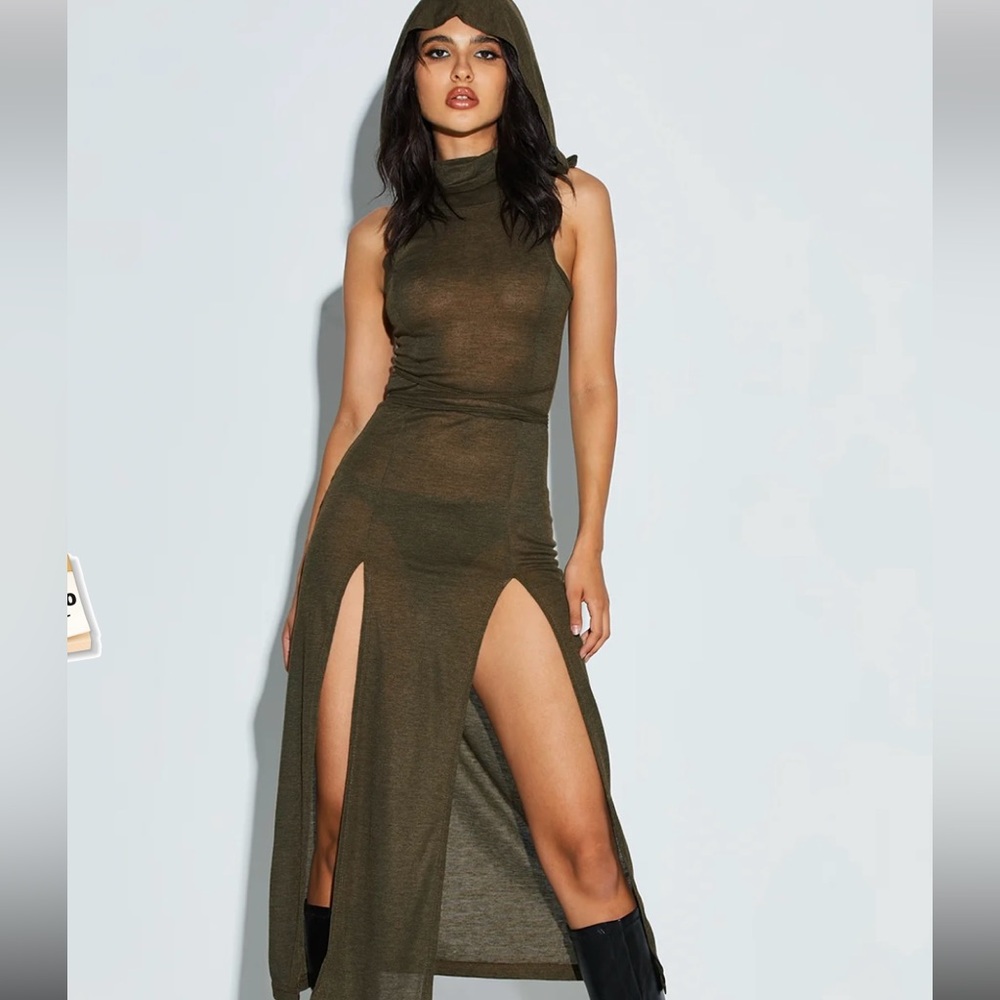 Kollyy Side Slit Hoodie Plain Maxi Dress, Army Green NWT size M
